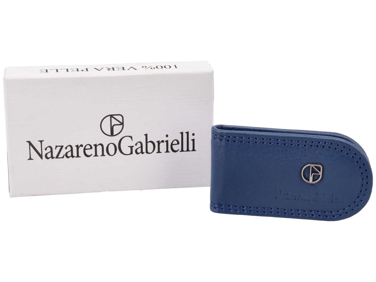 Fermasoldi uomo in pelle blu con chiusura magnetica e logo a rilievo - 4x7,5 cm - Nazareno Gabrielli