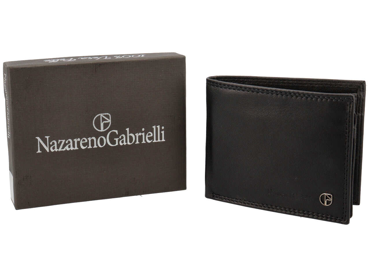 Portafoglio da uomo Nazareno Gabrielli in pelle nero 10,5x8x1,5 cm