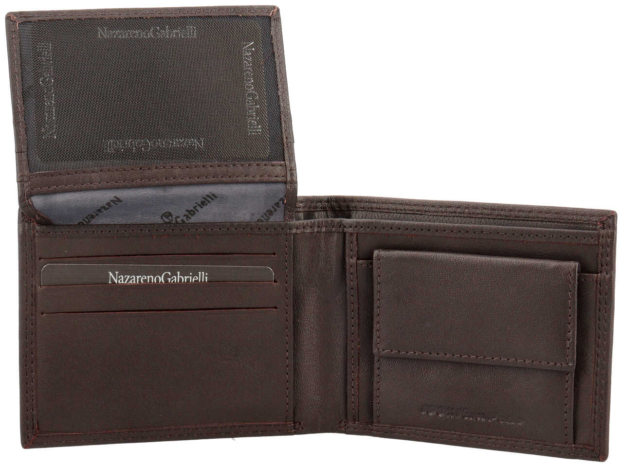 Portafoglio da uomo Nazareno Gabrielli in pelle marrone scuro 10,5x8x1,5 cm