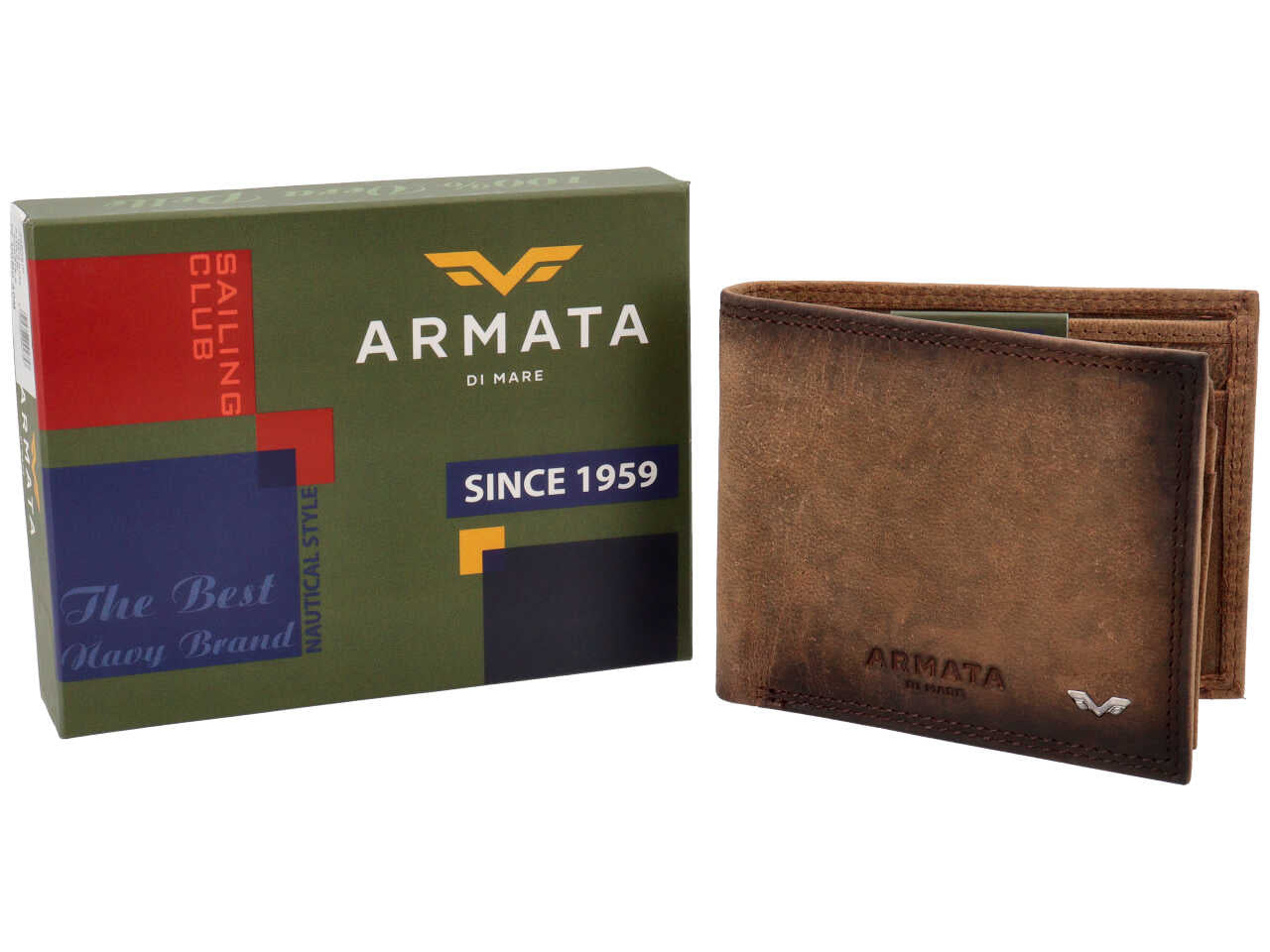 Portafoglio Armata di Mare uomo in vera pelle marrone invecchiata 11x9x2 cm