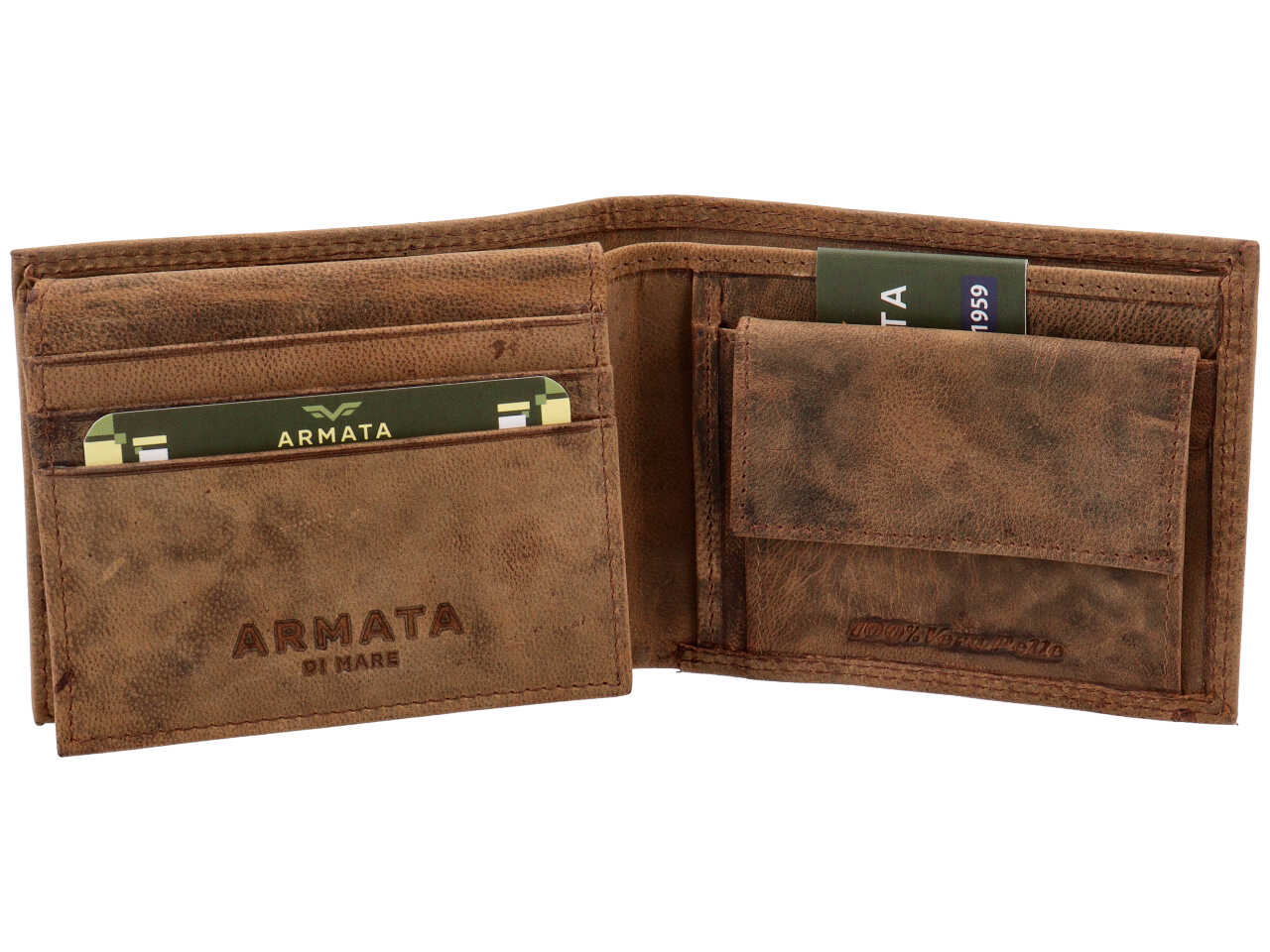 Portafoglio Armata di Mare uomo in vera pelle marrone invecchiata 11x9x2 cm