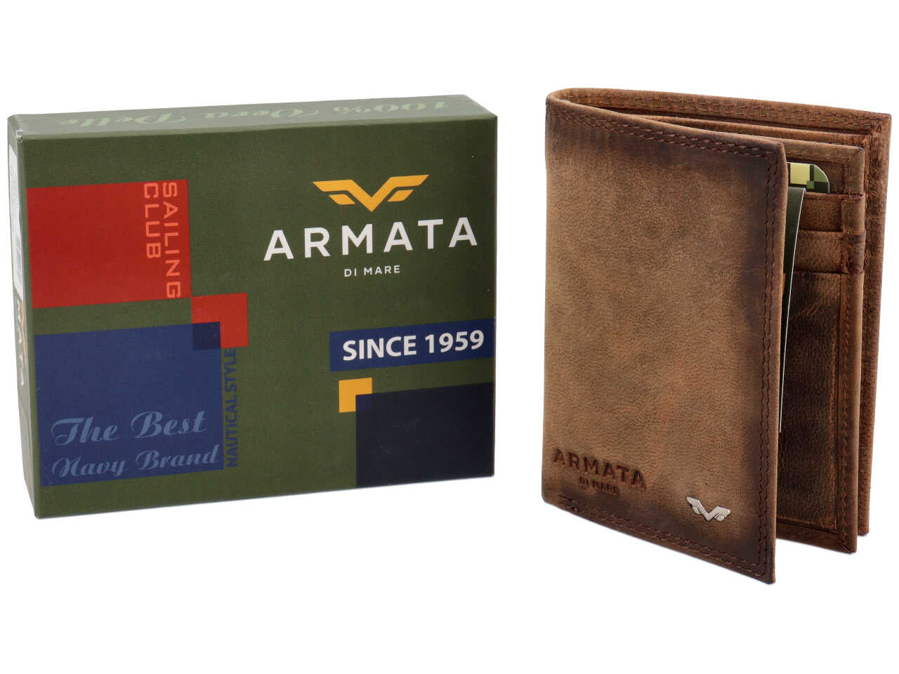 Portafoglio Armata di Mare uomo in vera pelle marrone invecchiata 10,5x7,5x2 cm