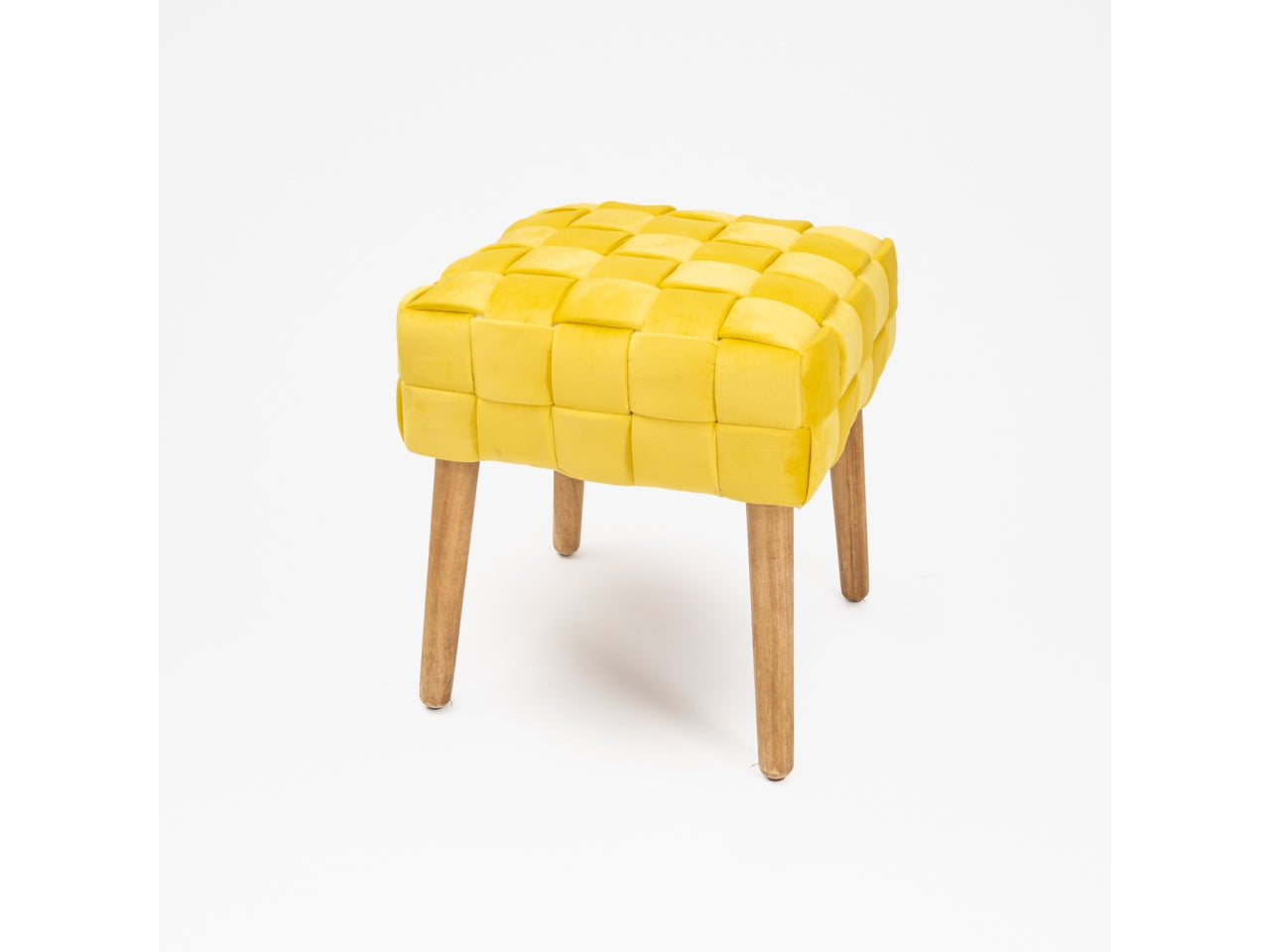 Pouf in velluto giallo senape contemporaneo con intreccio e piedi in legno 41x41x45 cm - Silani