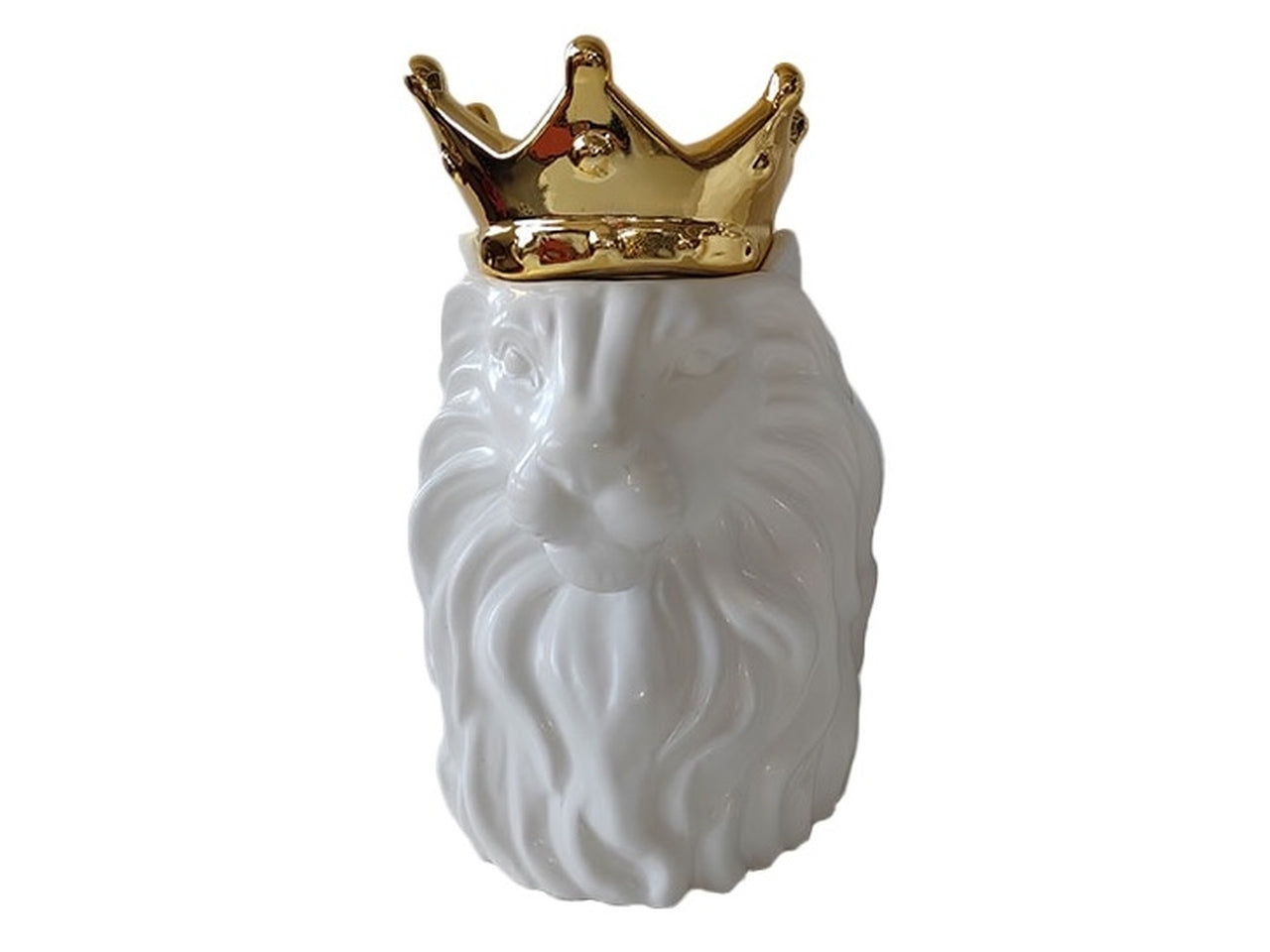 Leone testa decorativa in ceramica contemporaneo bianco opaco con corona oro 13 cm - Casa Milano