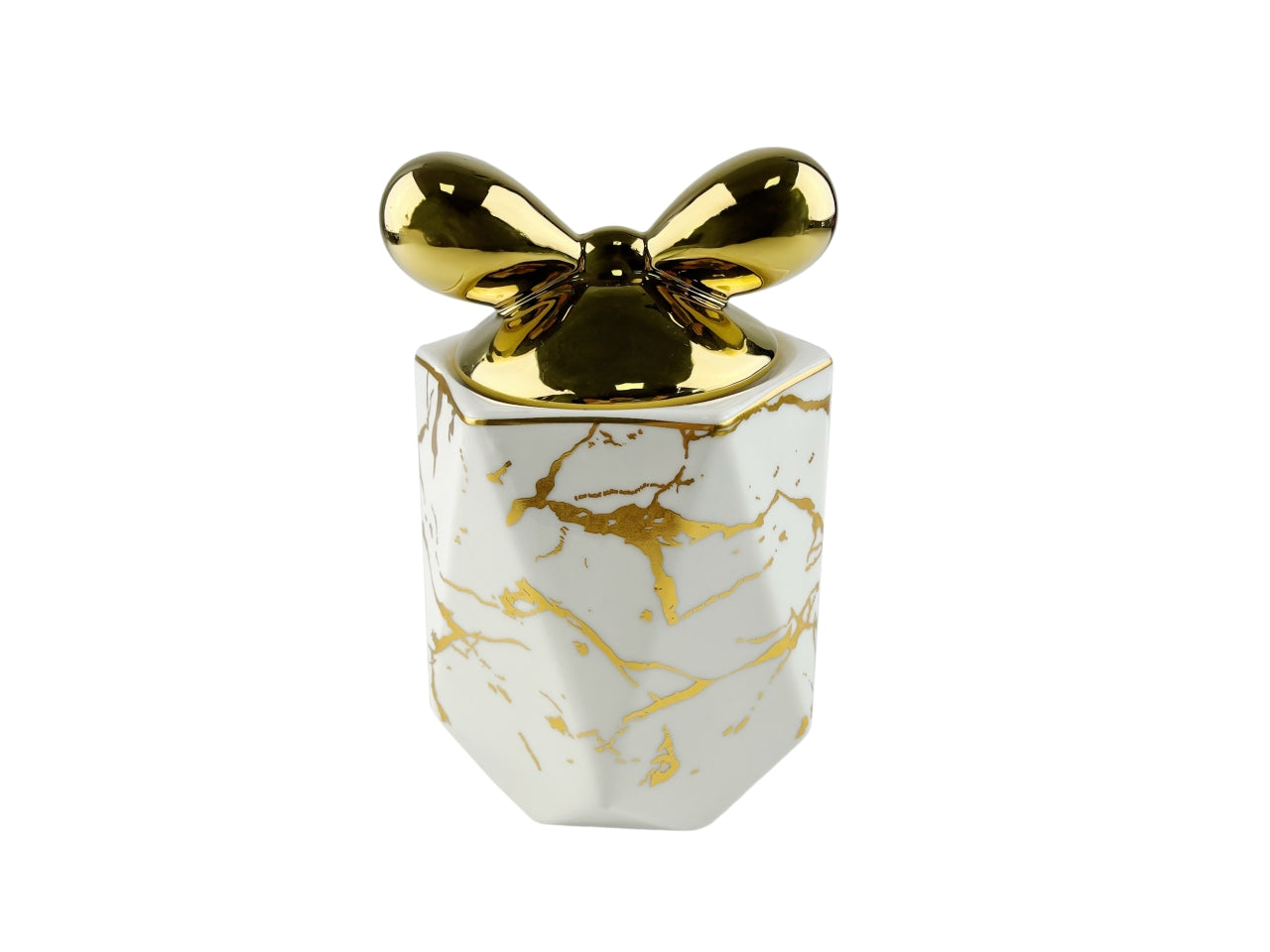 Barattolo decorativo in porcellana bianco effetto marmorizzato con tappo fiocco oro da 1100 ml - Casa Milano