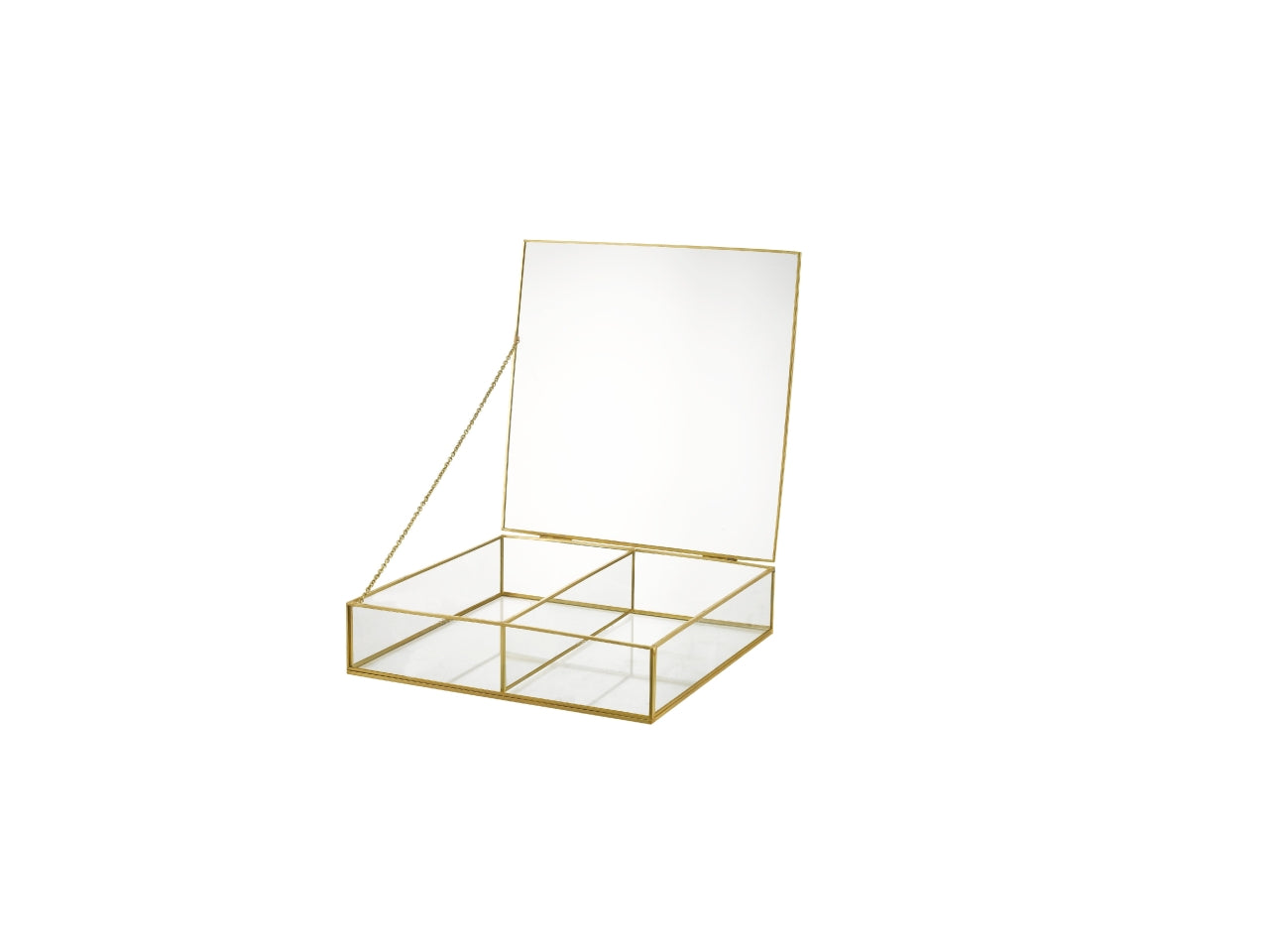 Scatola portagioie 2 scomparti in vetro trasparente e metal oro stile moderno, 16x16xh.5,5 cm - Franco
