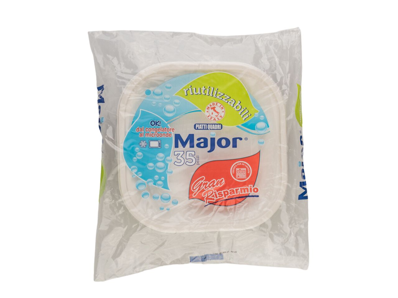 Piatti quadrati 21cm riutilizzabili in polipropilene linea major - la confezione contiene 35 piatti