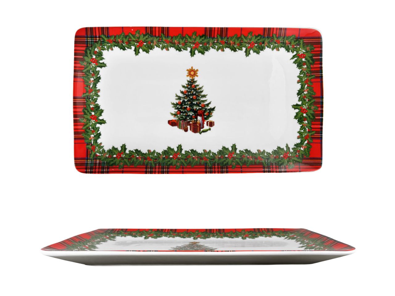 Vassoio rettangolare natalizio in ceramica rosso, verde e bianco tartan multicolor 34x20 cm - Arca