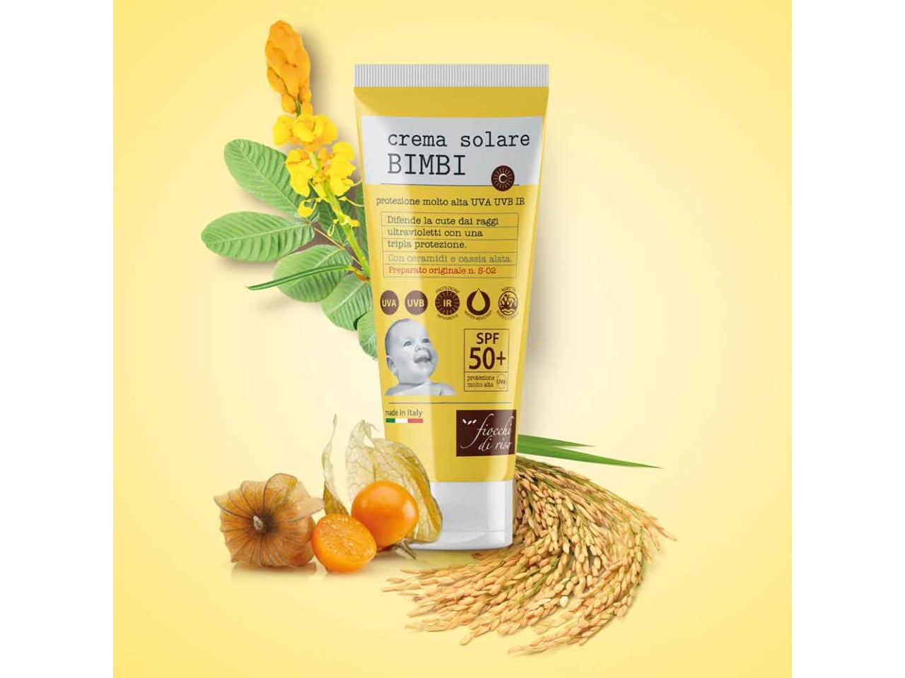 Crema solare bimbi 50+, tripla protezione 100 ml, Made in Italy - Fiocchi di Riso