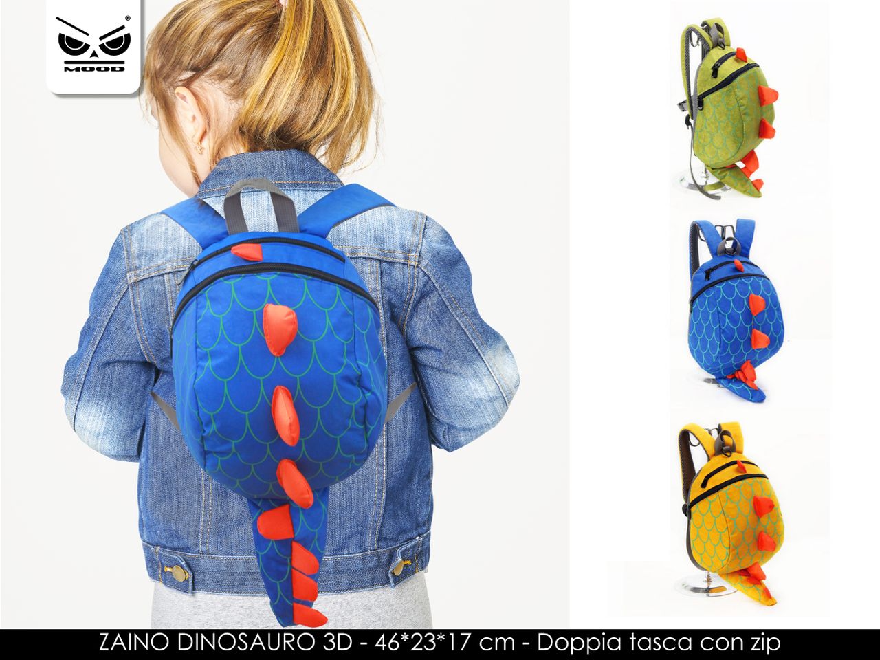 Zaino dinosauro 3d misura 46x23x17cm in poliestere con doppia tasca e zip