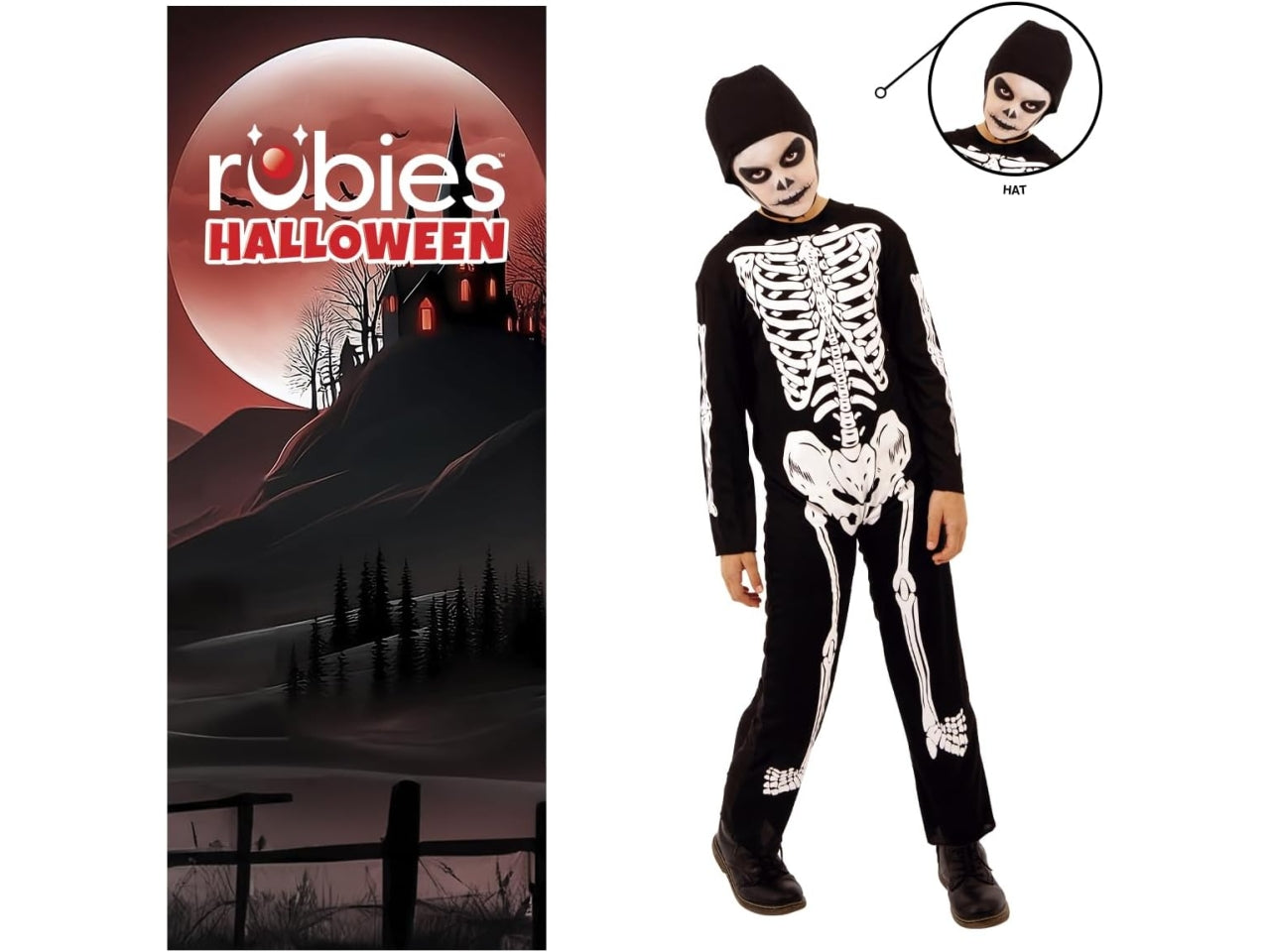 Costume bambino scheletro nero e bianco, tuta con cappuccio, taglia M - Rubies