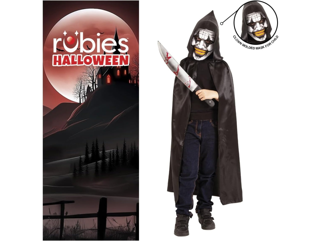 Costume bambino clown con mantella e maschera in raso nero, taglia L - Rubies