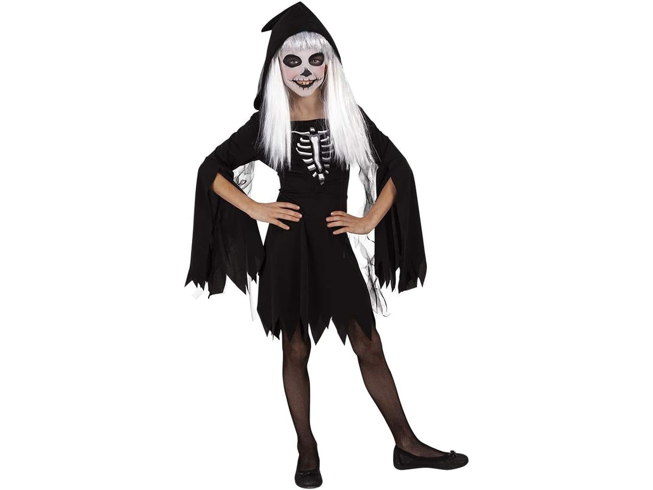 Costume ragazza scheletro nero e bianco, vestito con cappuccio e cintura, taglia TW - Rubies
