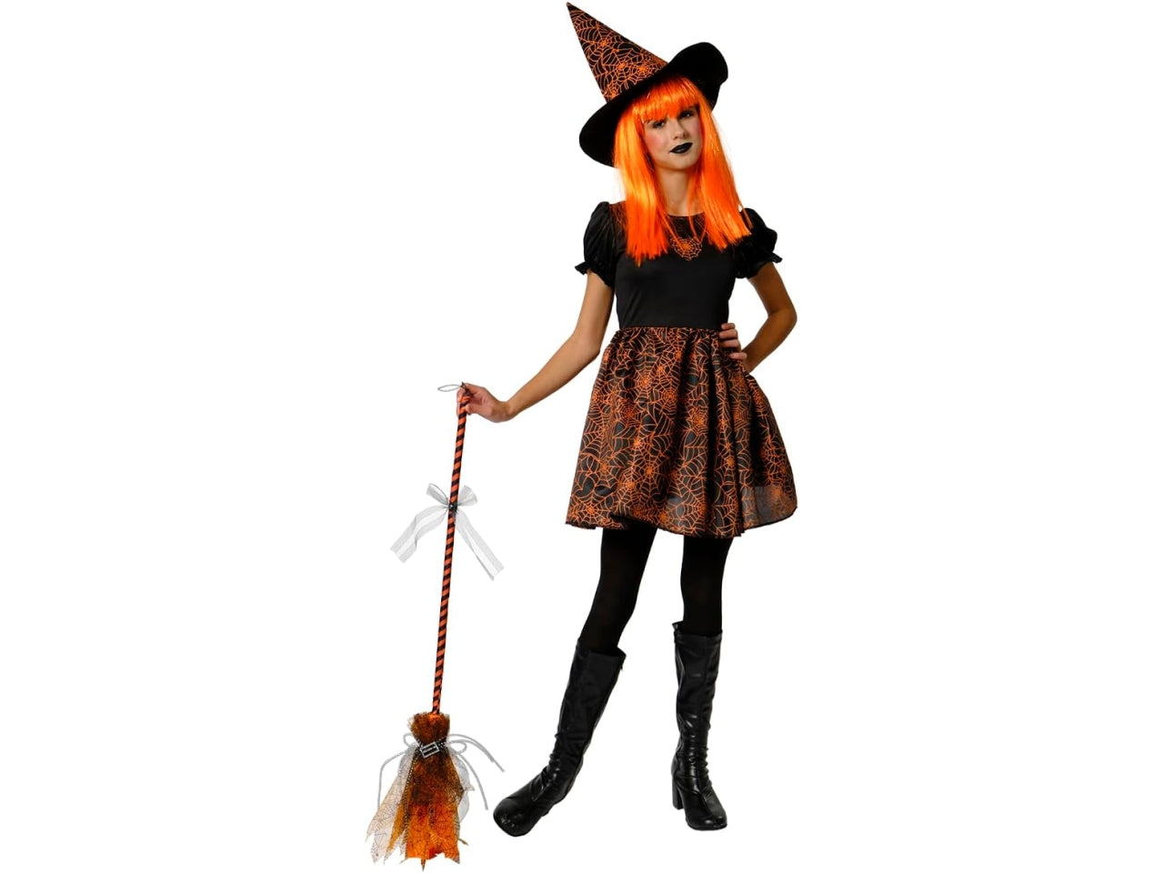 Costume bambina strega ragnatela nero e arancione, vestito con cappello, taglia M - Rubies