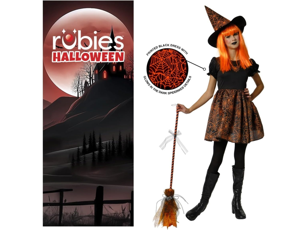 Costume bambina strega ragnatela nero e arancione, vestito con cappello, taglia M - Rubies