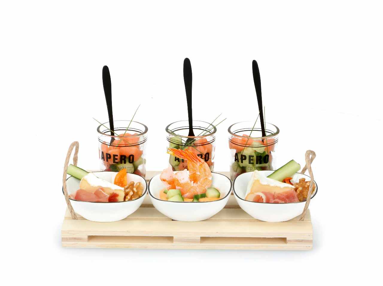 Alpina tagliere da aperitivo in legno da 30x15x2cm con 3 piattini in ceramica, 3 coppette in vetro e 3 cucchiaini