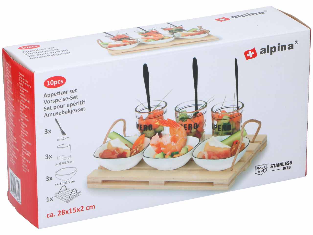 Alpina tagliere da aperitivo in legno da 30x15x2cm con 3 piattini in ceramica, 3 coppette in vetro e 3 cucchiaini