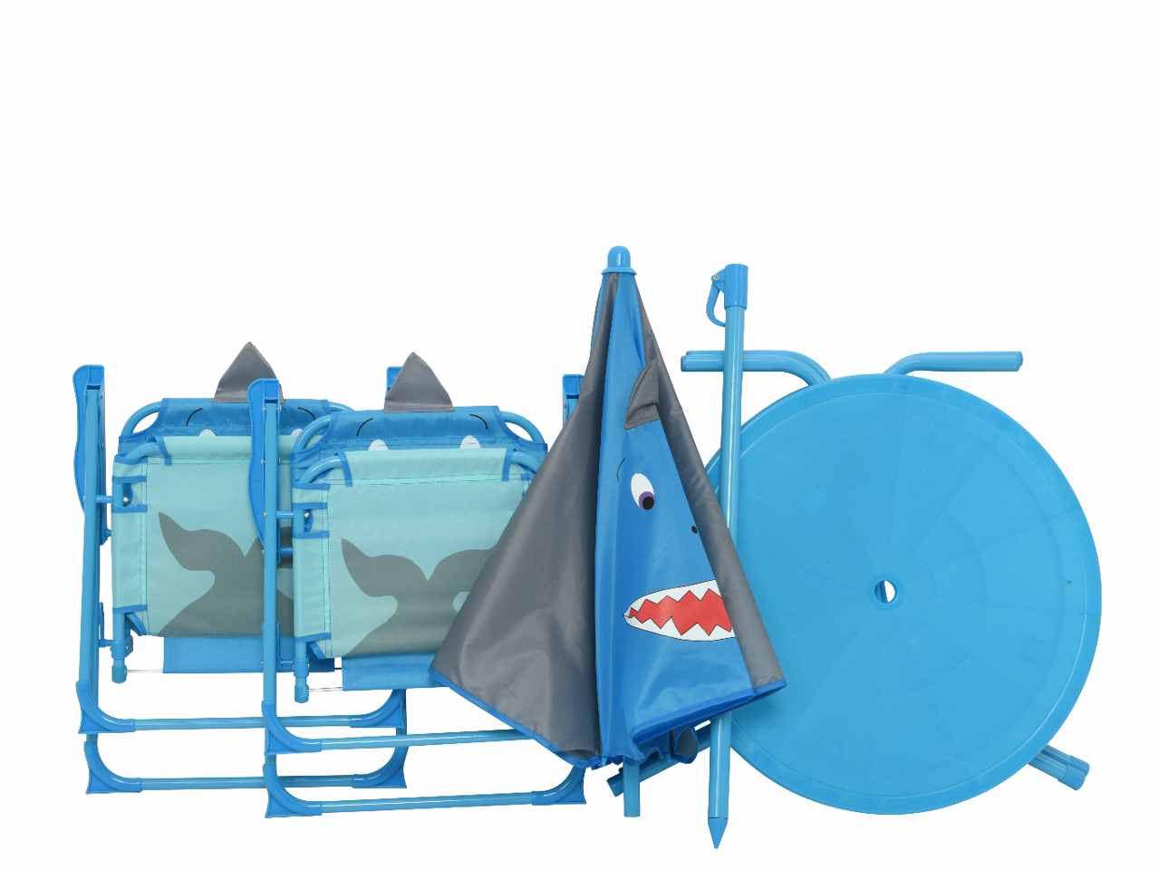 Tavolino ombrellone squalo con sedie per bambino