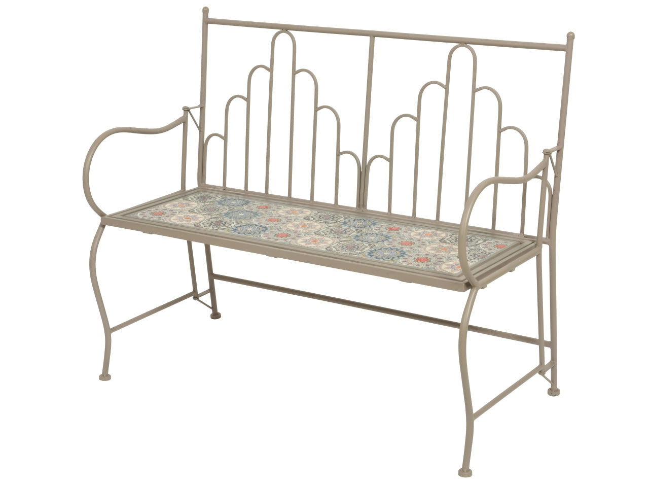 Panchina da esterno avignon in metallo con mosaico, tortora, stile mediterraneo - 110x44x91 cm - Kaemingk