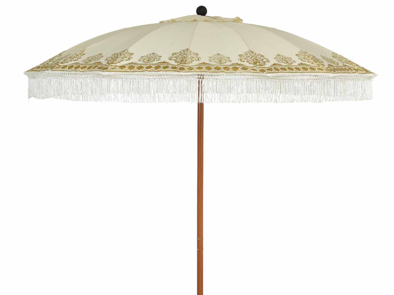 Ombrello con fodera in poliestere 160gr idrorepellente da esterno con frange bianche finiture del palo in legno verniciato a polvere stecche verniciate a polvere marrone pieghevole palo in acciaio d.28-32mm misure d.200xh.220cm 2 disegni assortiti