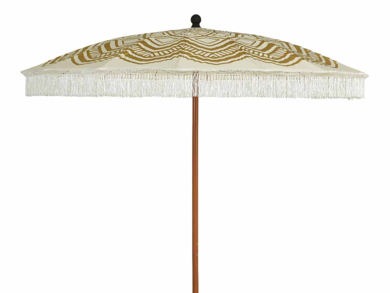 Ombrello con fodera in poliestere 160gr idrorepellente da esterno con frange bianche finiture del palo in legno verniciato a polvere stecche verniciate a polvere marrone pieghevole palo in acciaio d.28-32mm misure d.200xh.220cm 2 disegni assortiti