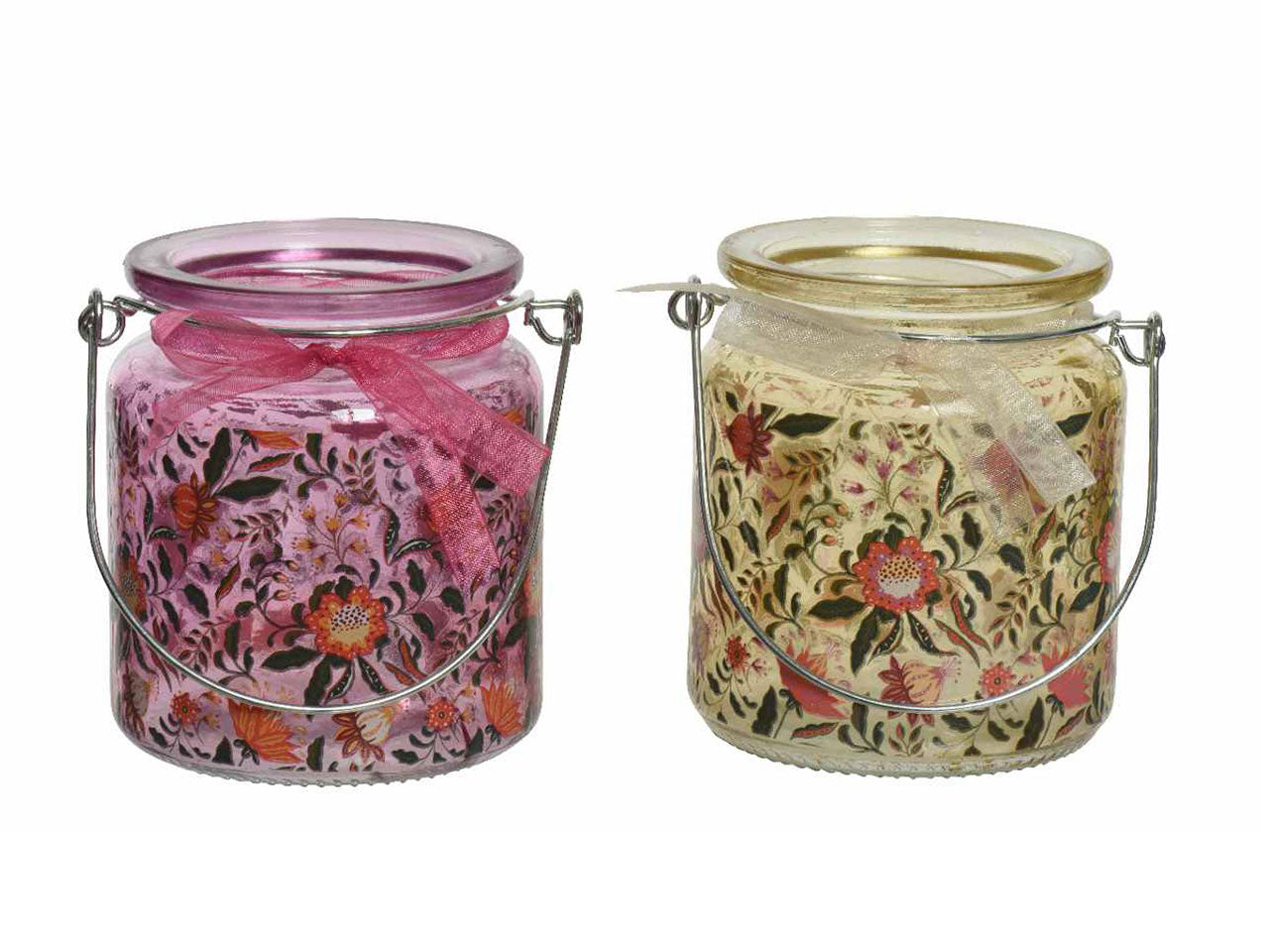 Portacandela decorativo in vetro trasparente con nastro satinato e manico in metallo per uso interno 2 colori assortiti d.8xh.9cm