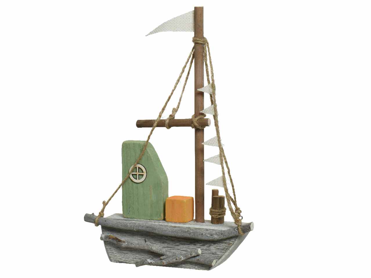 Barca decorativa in legno di paulownia e betulla e corda in juta da interno ed esterno 6.5xh.40cm