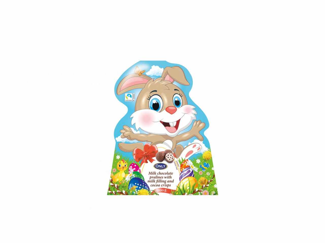 Coniglietto di pasqua praline di cioccolata al latte ripieno con crema di latte e cereali di cacao 100g