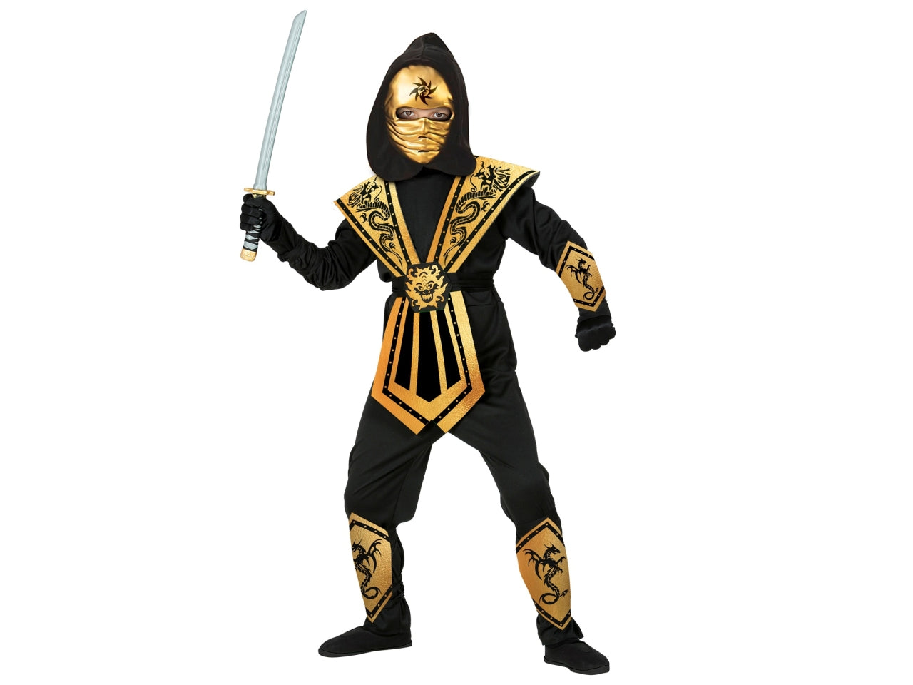 Costume gold kombat ninja - il costume comprende tuta con cappuccio, corazza, cintura, para braccia, para gambe e maschera - taglia 10 anni
