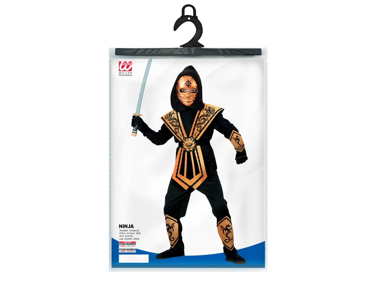 Costume gold kombat ninja - il costume comprende tuta con cappuccio, corazza, cintura, para braccia, para gambe e maschera - taglia 10 anni