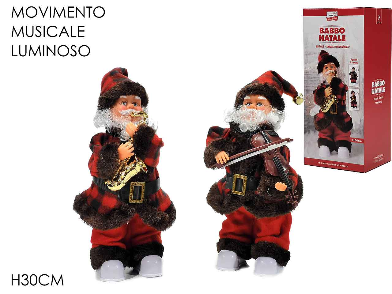 Babbo natale h.30cm con luci, suoni e movimento, 2 assortimenti. funzionamento a batteria