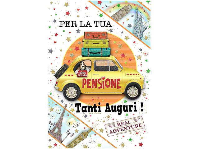 Biglietto pensione auguri con disegno automobile multicolor 12x18 cm