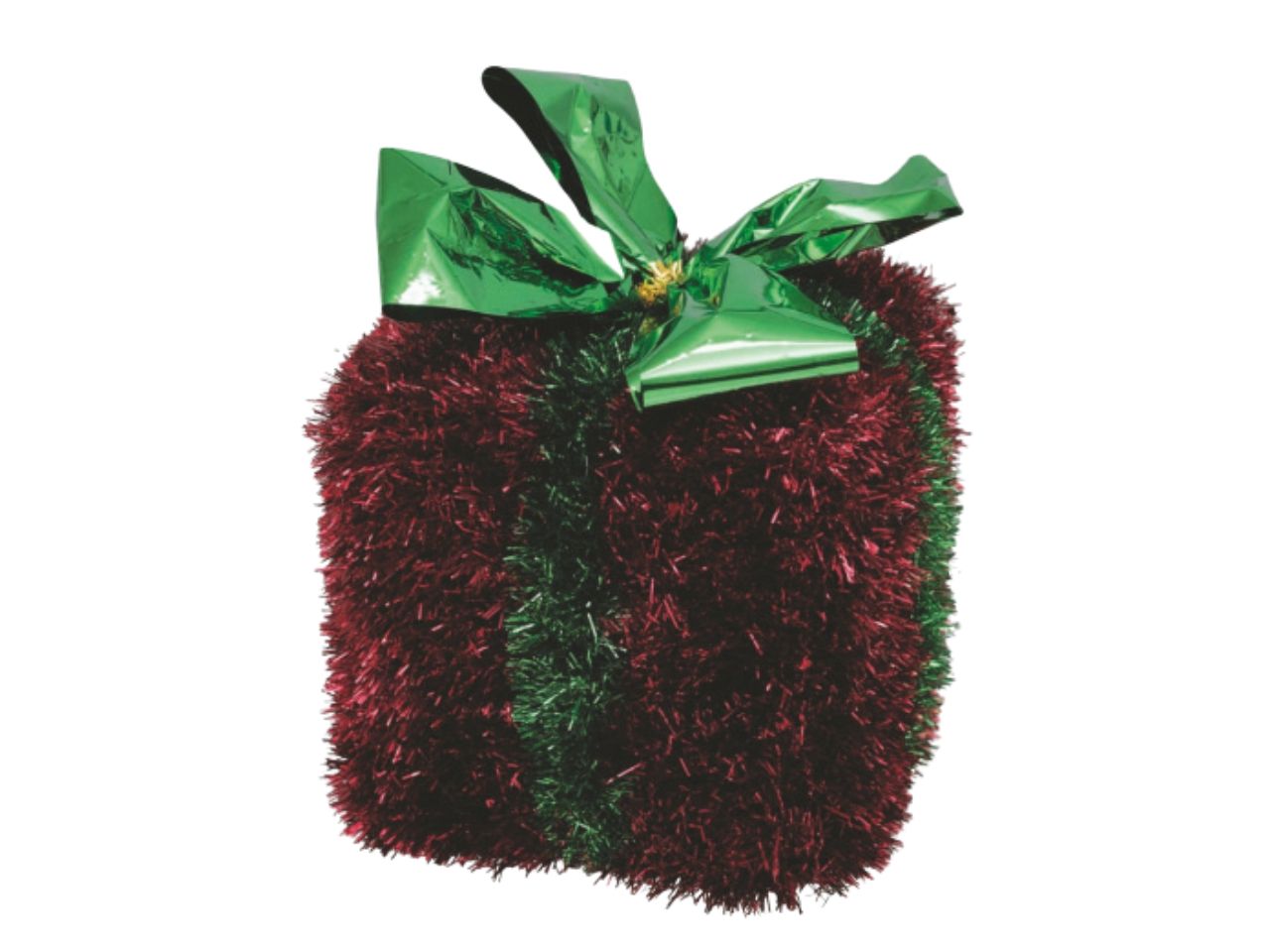 Pacco regalo cm.13 decorato con filo rosso fiocco verde in metallo