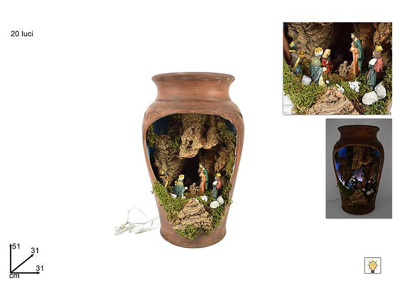 Nativita vaso terracotta con presepe con 20 luci 49x30x33cm