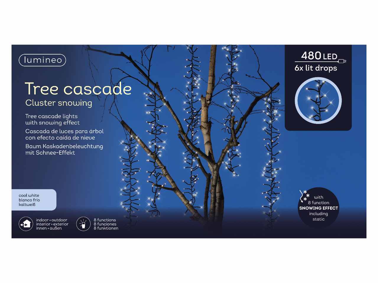 Cascata luci 480led bianco freddo filo nero 2metri 8 funzioni uso esterno