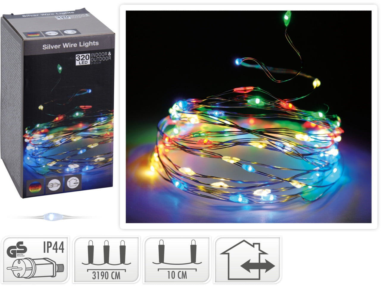 Filo metallo argento 320 microled multicolor, distanza led 10cm, cavo guida 3mt, per uso interno/esterno