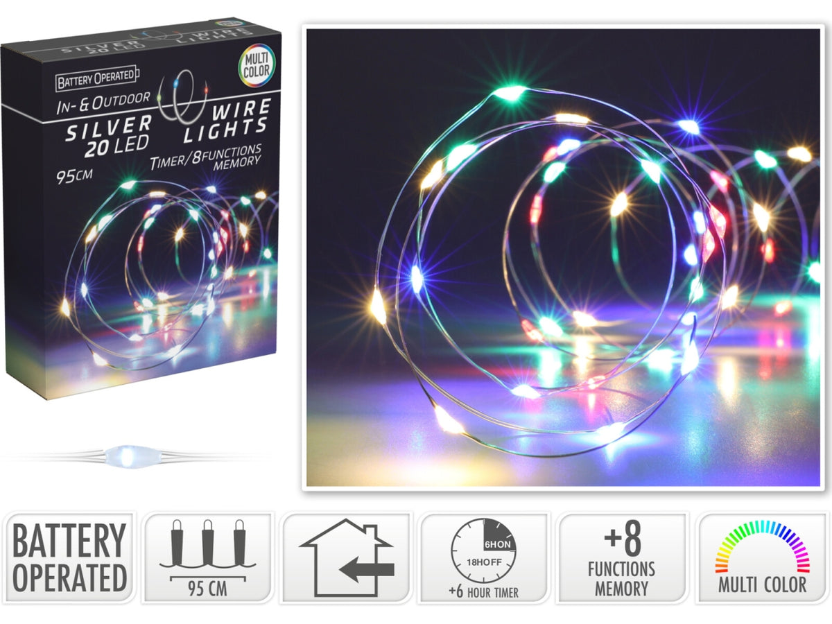 Cavo metallo argento 20 microled multicolor, distanza led 5cm, cavo guida 10cm, funzionamento a batteria (3x aa non incluse), con controller gioco luci 8 funzioni e timer per uso interno/esterno, in nuova scatola fotocolor e display con try me