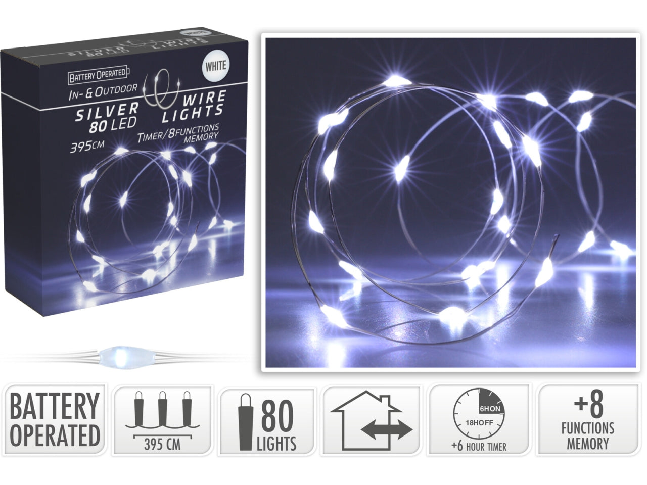 Cavo metallo argento 80 microled bianco freddo, distanza led 5cm, cavo guida 10cm, funzionamento a batteria (3x aa non incluse), con controller gioco luci 8 funzioni e timer per uso interno/esterno, in nuova scatola fotocolor e display con try me