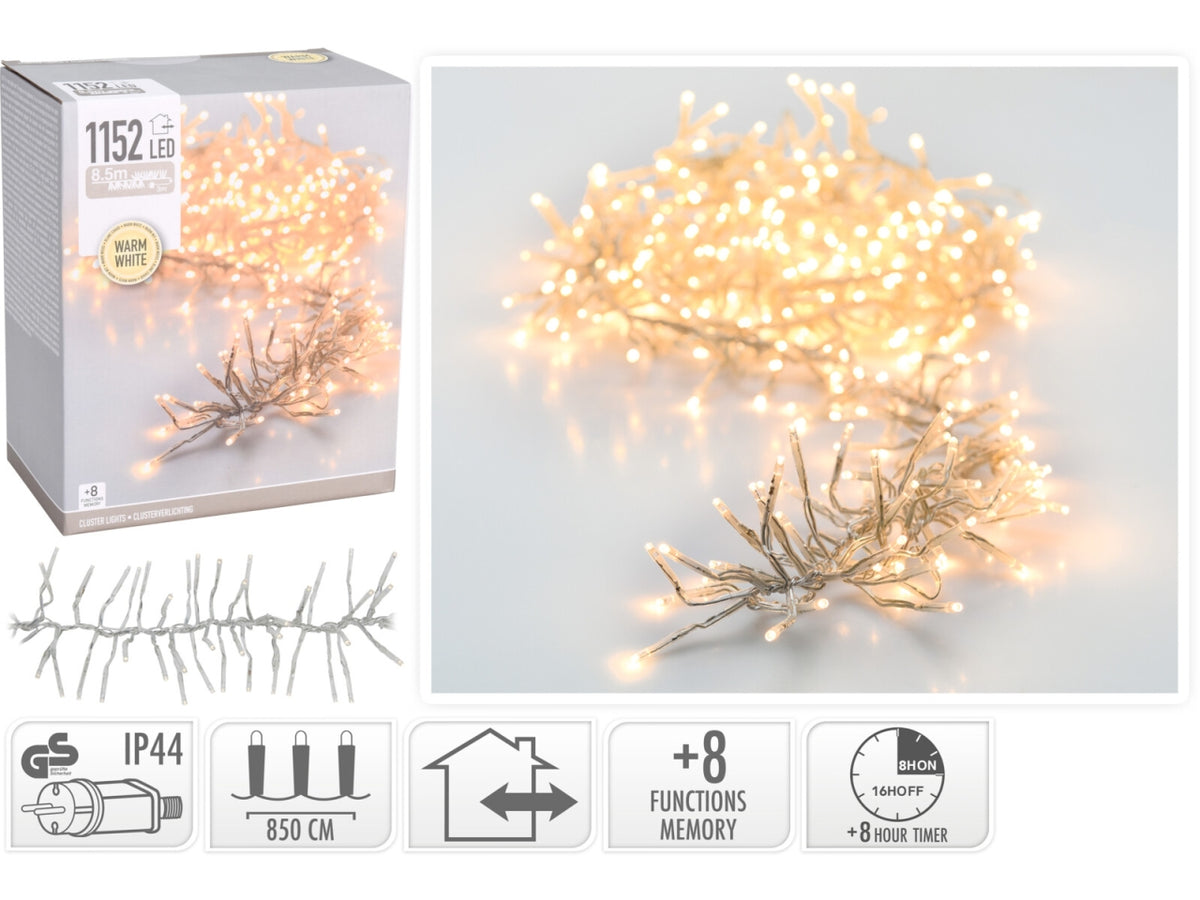 Catena luci natalizia cluster 1152led bianco caldo con 8 funzioni, uso interno/esterno
