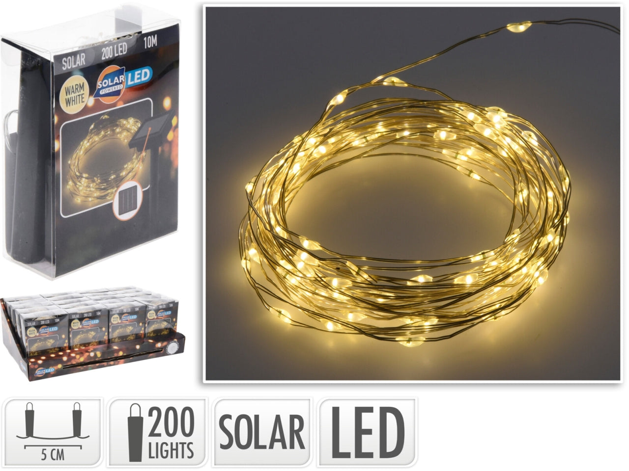 Catena luminosa solare da giardino LED bianco caldo - 200 microled con modalitÃ  illuminazione fissa, autonomia 6 ore - 12m - Koopman