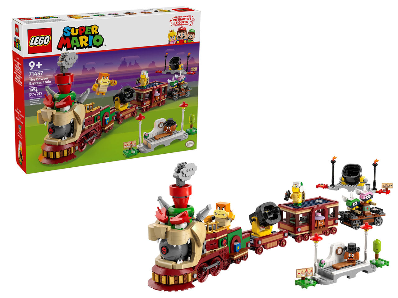 LEGO Super Mario - Treno Bowser Express giocattolo per i bambini: tutti a bordo per tanto divertimento con questo set di gioco, contenente un treno dettagliato, 2 stazioni ferroviarie e un carrello a mano 71437
