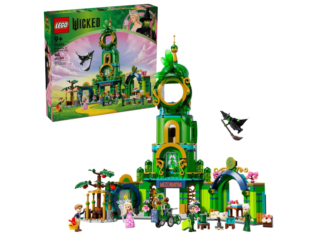 LEGO Wicked Benvenuti nella CittÃ  di Smeraldo, Gioco da Collezione per Bambine e Bambini da 9 Anni con Torre Giocattolo da Costruire e 5 Personaggi del Film tra cui Glinda e Elphaba, Idea Regalo 75684