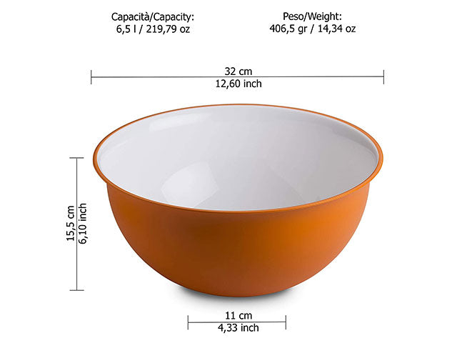 Ciotola bicolore in polipropilene arancione e bianco moderno da 6,5 lt, diametro 32,5 cm, made in italy - Omada
