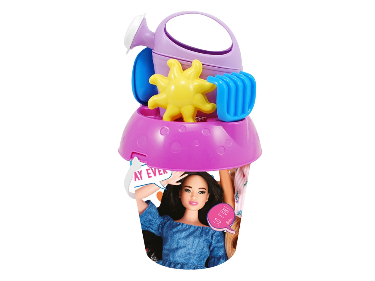 Secchiello di Barbie set spiaggia multicolor con innaffiatoio, formina, rastrello e paletta in plastica - Adriatic