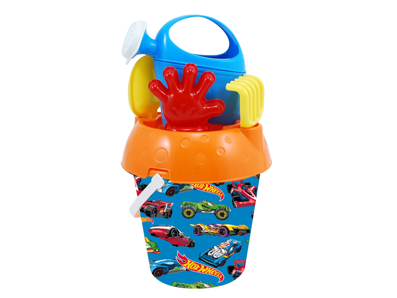 Secchiello di Hotwheels set spiaggia multicolor con innaffiatoio, formina, rastrello e paletta in plastica - Adriatic