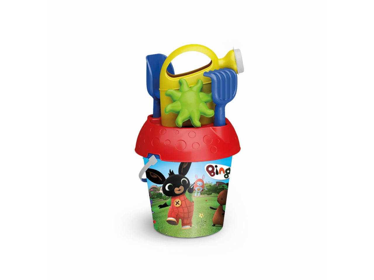 Secchiello di Bing set spiaggia multicolor con innaffiatoio, formina, rastrello e paletta in plastica - Adriatic