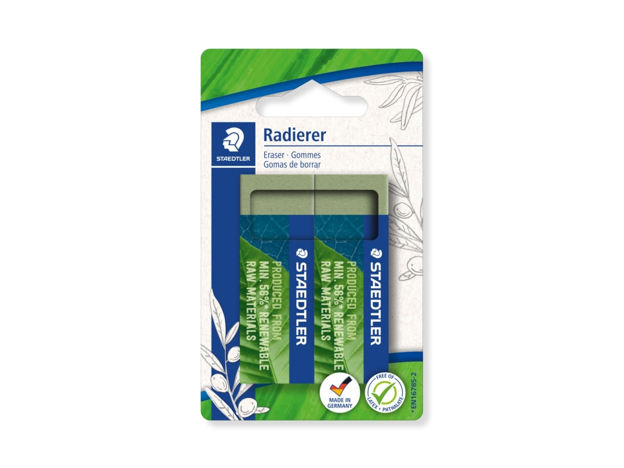 Gomma per cancellare ecologica verde oliva, blister da 2 pezzi, made in Germany - Staedtler