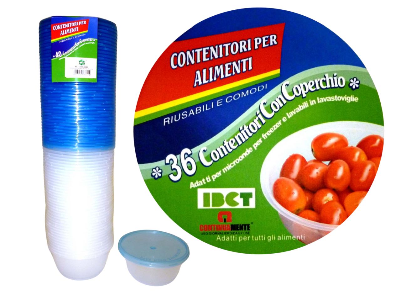Contenitori tondi con coperchio 200 ml plastica trasparente e blu Ã 10 cm, confezione da 36 pezzi - IBCT