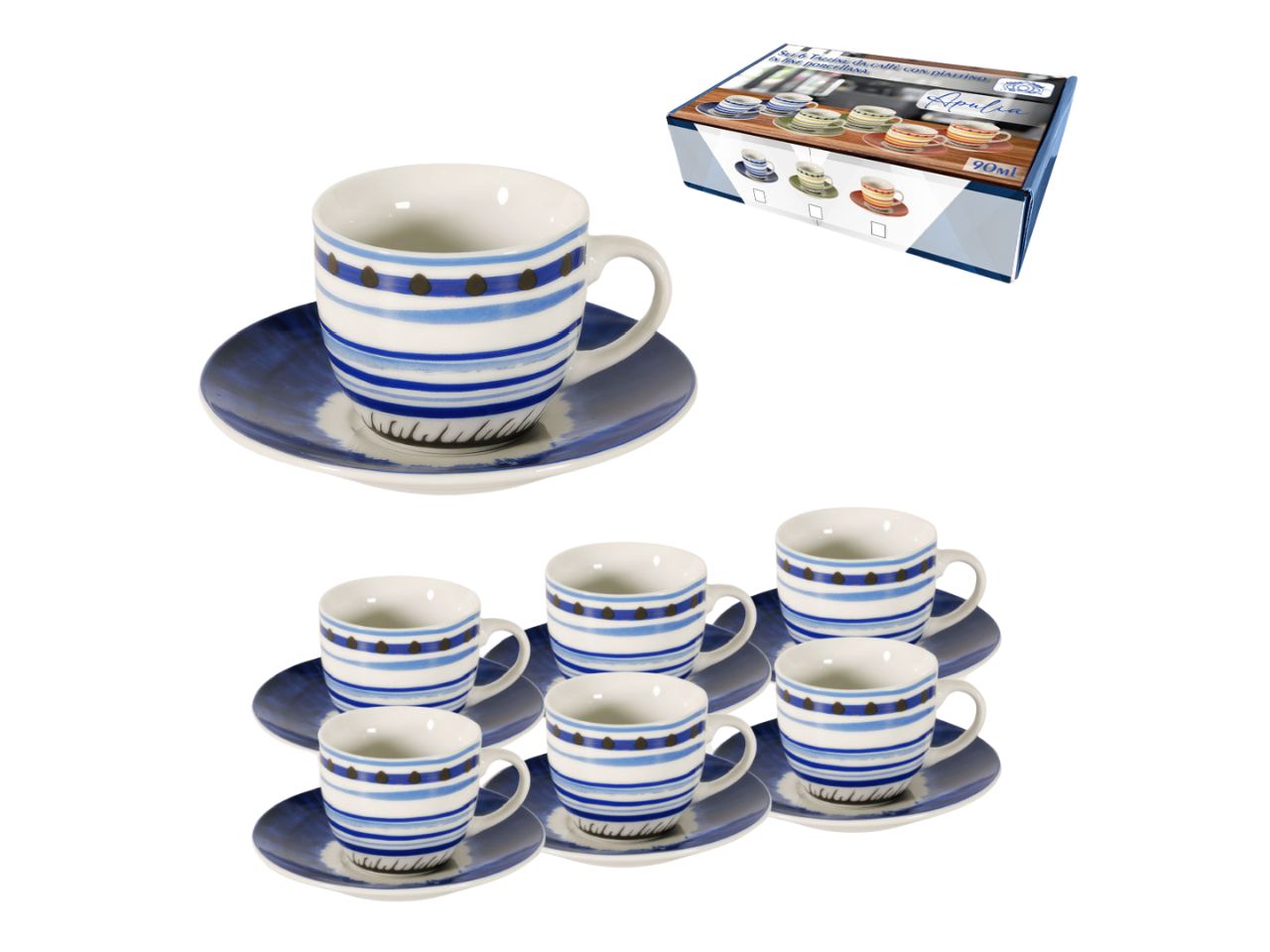 Tazzine da caffe stile mediterraneo in porcellana blu 90 ml, set da 6 tazze e 6 piattini, Linea Apulia - Maison TortorÃ 