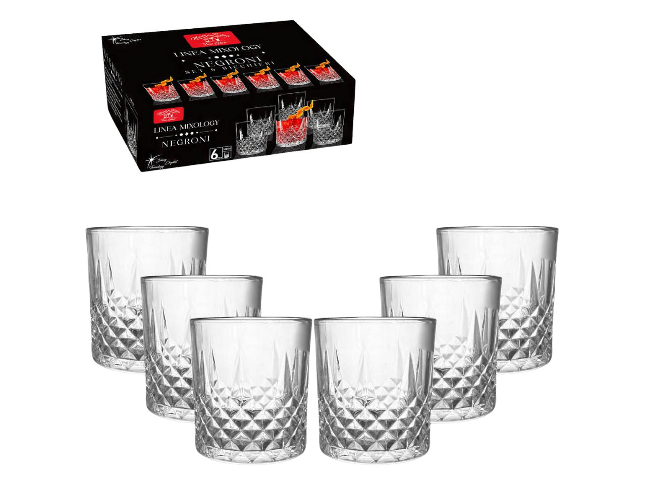 Bicchieri Negroni in vetro 330 ml trasparenti stile classico set da 6 bicchieri, Diamond, linea Old Fashioned - Maison TortorÃ 